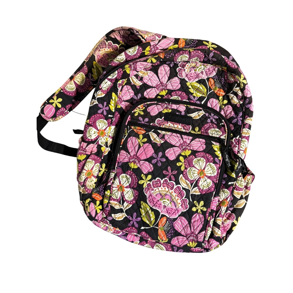 Vera Bradley Campus Backpack Womens Large Black Pink Floral Quilted Cotton Bag - Picture 1 of 4